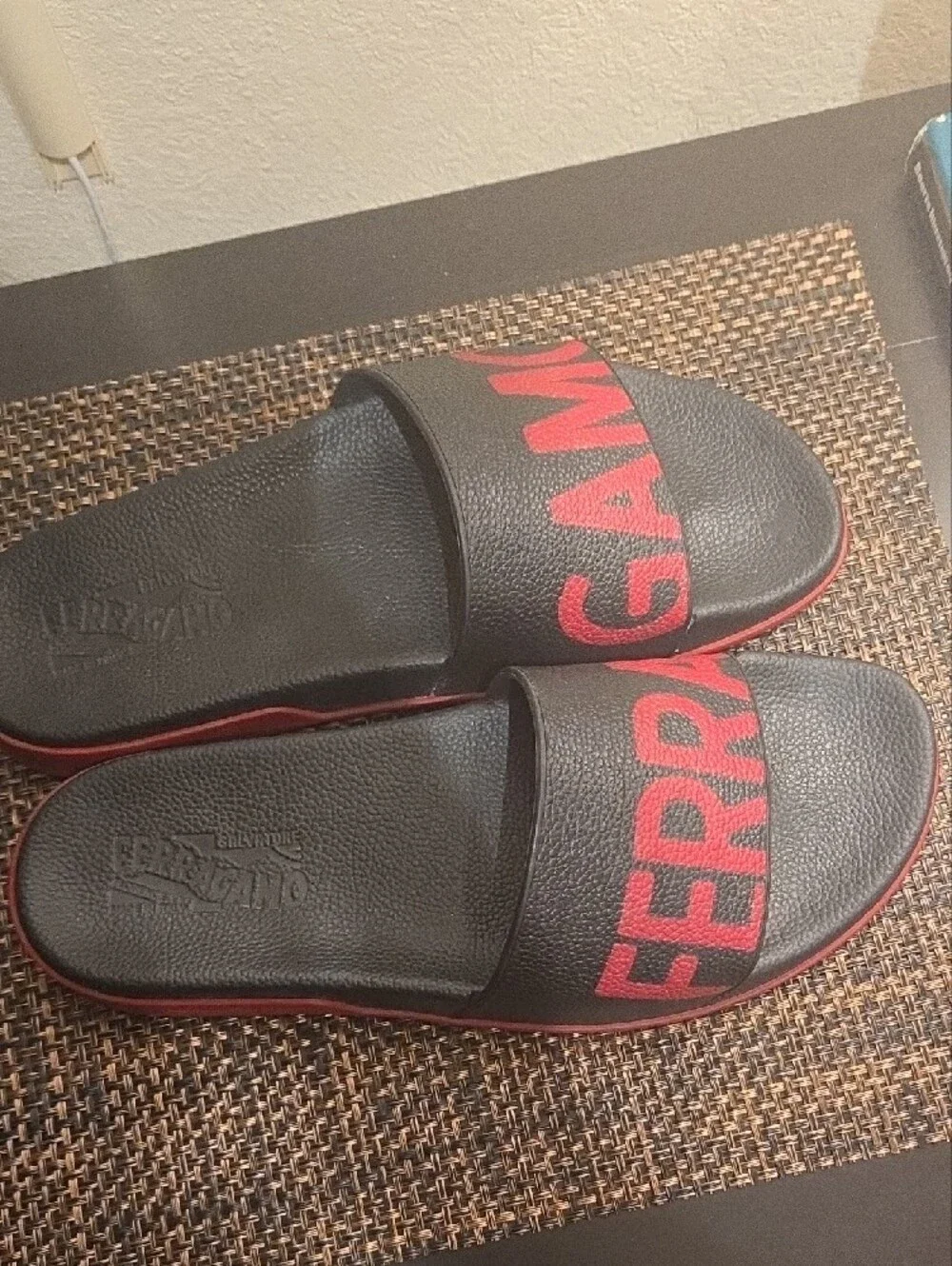 Salvatore Ferragamo Black Slides with Red Logo Band
